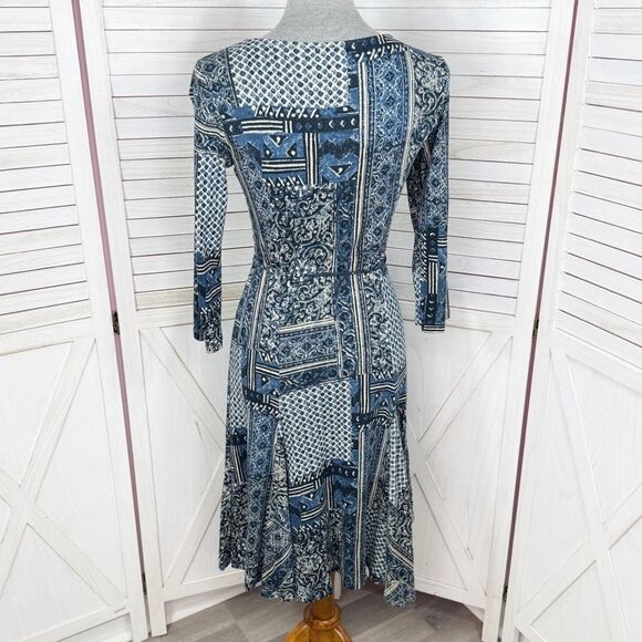 Lauren Ralph Lauren Printed Patchwork Knit Fit Flare Dress Blue Small - Picture 4 of 11